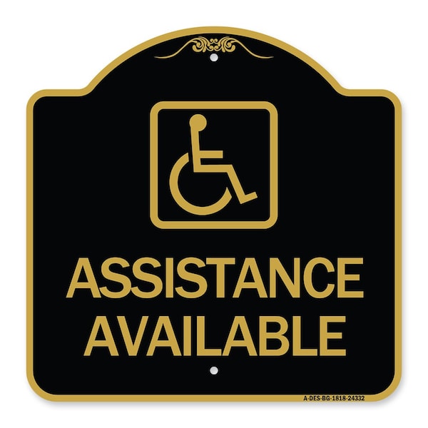 Assistance Available W/ Handicap, Black & Gold Aluminum Architectural Sign, 18" x 18", BG-1818-24332